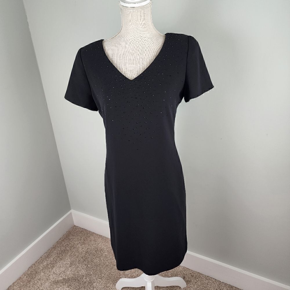 JONES NEW YORK WOMENS SHEATH LINED SHOULDER PADS BEADED V NECK DRESS SIZE 6